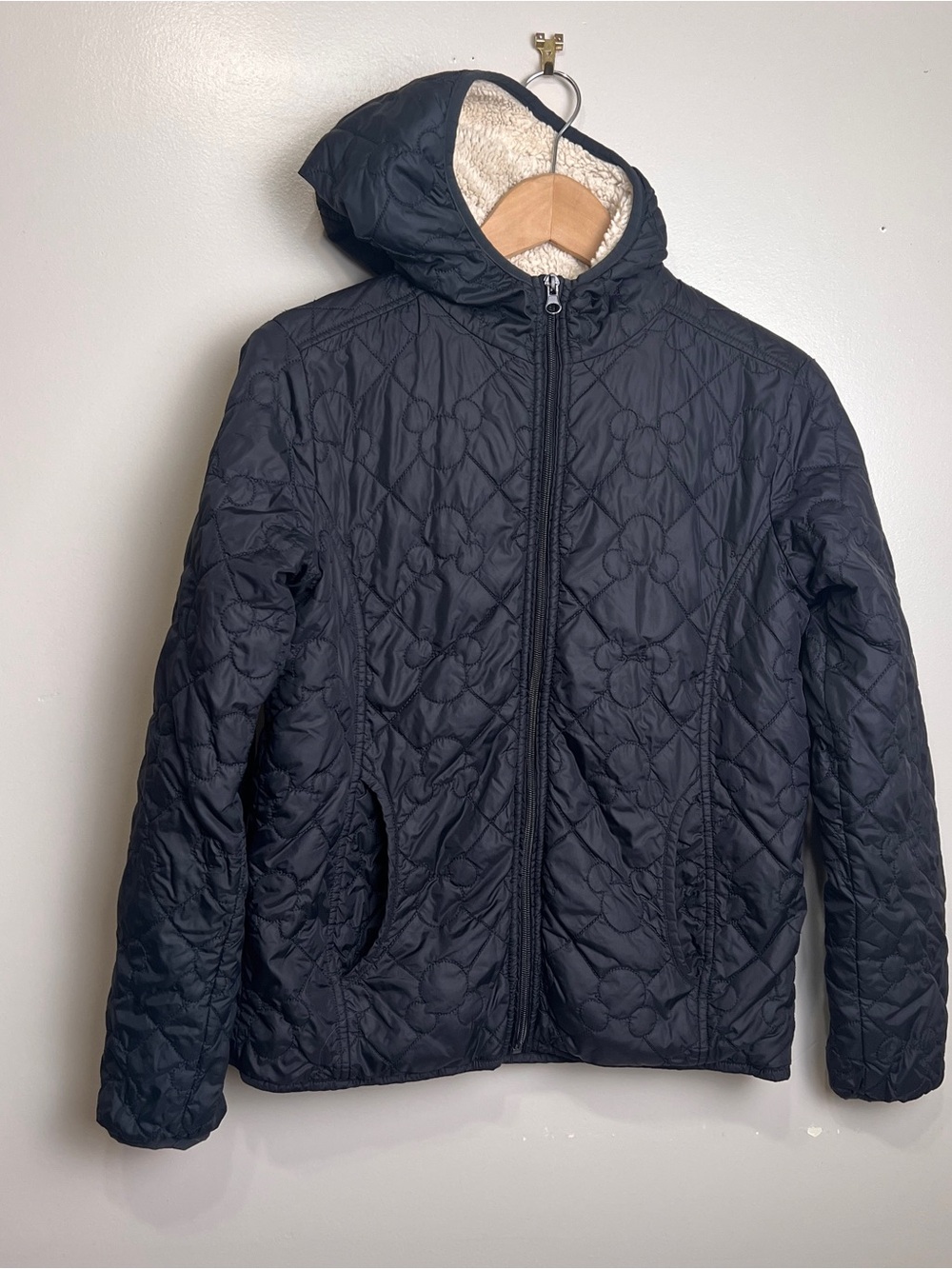 Disney Parks Quilted Mickey Mouse Sherpa Lined Hoodie Jkt Women's XS Black EUC